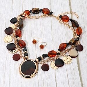 Gold Brown Tortoise Shell Charm Pebble Beaded Oval Pendant Statement Necklace
